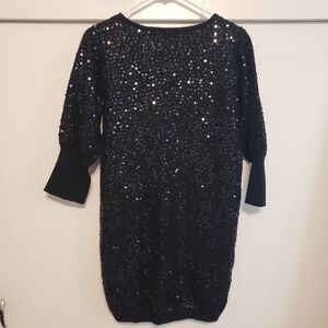 Vintage 1980s Black Wool Sequin Sweater Dress